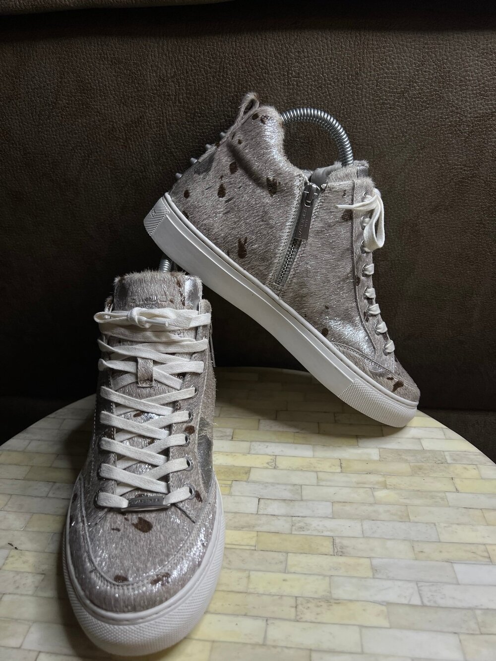J/Slides Ludlow Metallic Calf Hair High-Top Sneakers - Picture 1 of 12